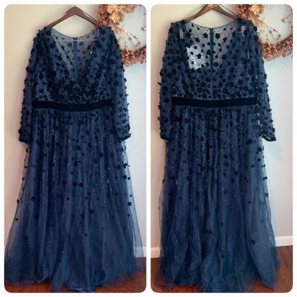 Mac Duggal 68440 Women's Floral Applique Long Sleeve a Line Gown Sz 20W Midnight - Picture 1 of 13
